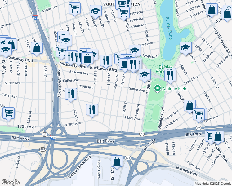 map of restaurants, bars, coffee shops, grocery stores, and more near 128-30 146th Street in Queens