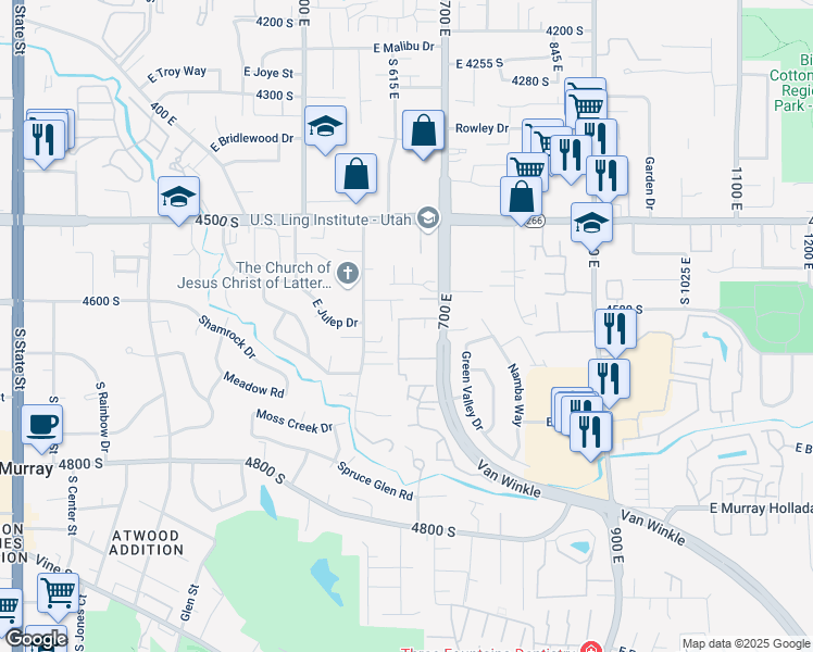 map of restaurants, bars, coffee shops, grocery stores, and more near 640 Brittany Drive in Murray