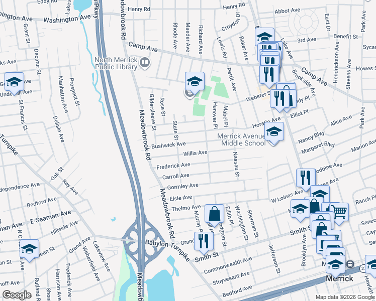 map of restaurants, bars, coffee shops, grocery stores, and more near 1775 Willis Avenue in Merrick