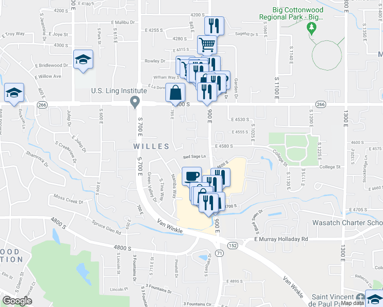 map of restaurants, bars, coffee shops, grocery stores, and more near 4594 Red Sage Court in Murray