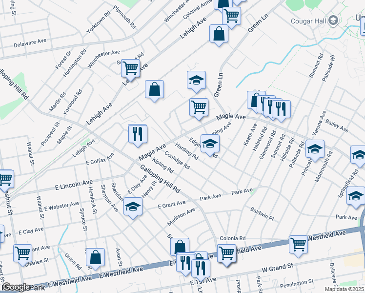 map of restaurants, bars, coffee shops, grocery stores, and more near 1127 Harding Road in Elizabeth