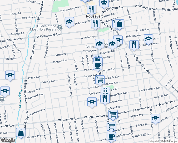 map of restaurants, bars, coffee shops, grocery stores, and more near 39 Prince Ave in Freeport