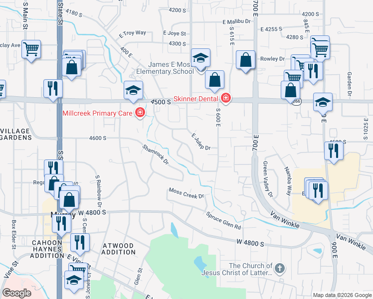 map of restaurants, bars, coffee shops, grocery stores, and more near 4594 South Creekview Drive in Murray