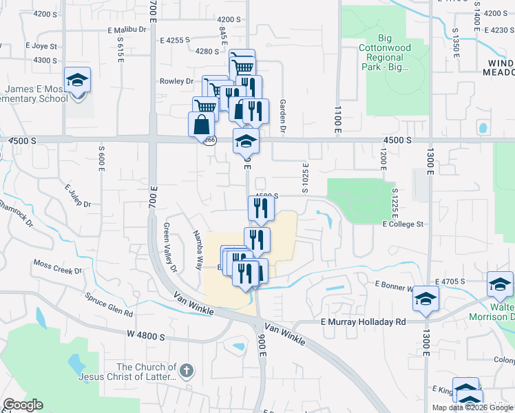 map of restaurants, bars, coffee shops, grocery stores, and more near 4595 College Ridge Court in Salt Lake City