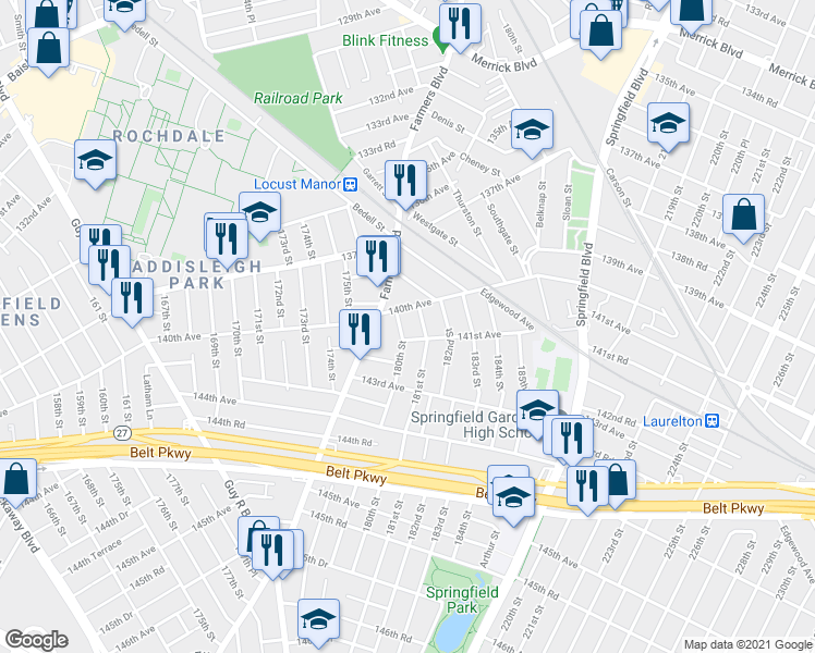 map of restaurants, bars, coffee shops, grocery stores, and more near 140-15 180th Street in Queens