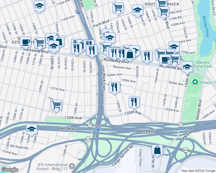 map of restaurants, bars, coffee shops, grocery stores, and more near 137-17 131st Avenue in Queens