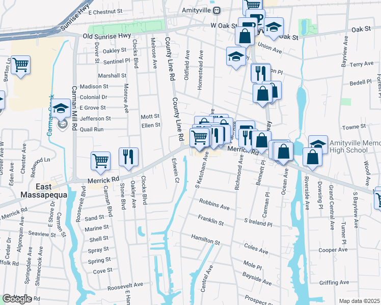 map of restaurants, bars, coffee shops, grocery stores, and more near 23 New York 27A in Amityville