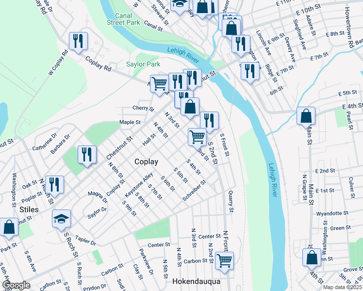 map of restaurants, bars, coffee shops, grocery stores, and more near 21 South 4th Street in Coplay