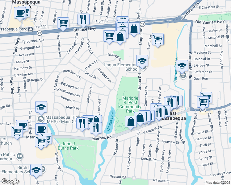 map of restaurants, bars, coffee shops, grocery stores, and more near 4 Lee Place in Massapequa Park