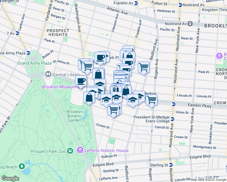 map of restaurants, bars, coffee shops, grocery stores, and more near 301 Eastern Parkway in Brooklyn