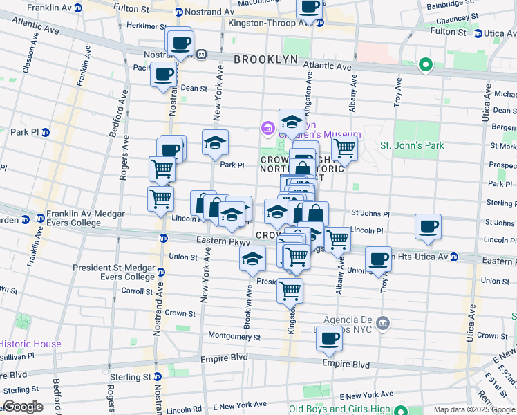 map of restaurants, bars, coffee shops, grocery stores, and more near 1034 Saint Johns Place in Brooklyn