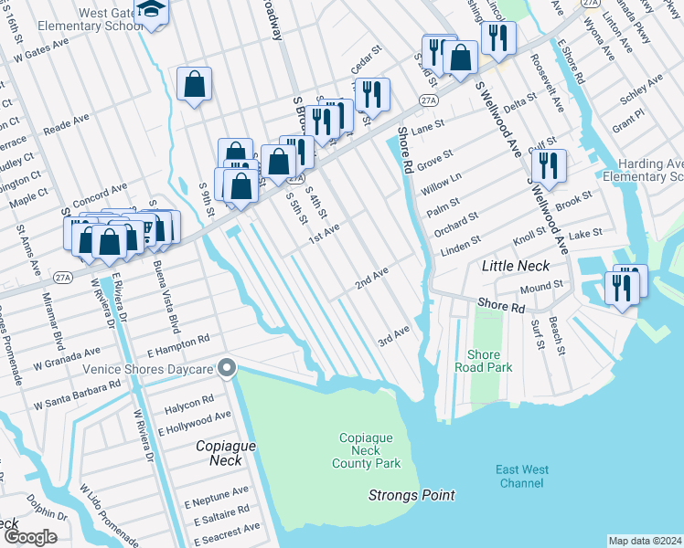 map of restaurants, bars, coffee shops, grocery stores, and more near 779 South 5th Street in Lindenhurst