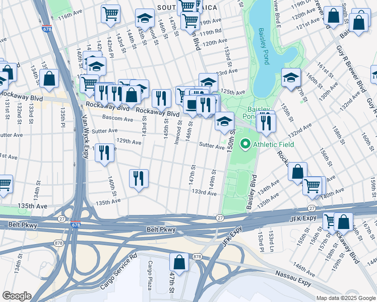 map of restaurants, bars, coffee shops, grocery stores, and more near 128-30 146th Street in Queens