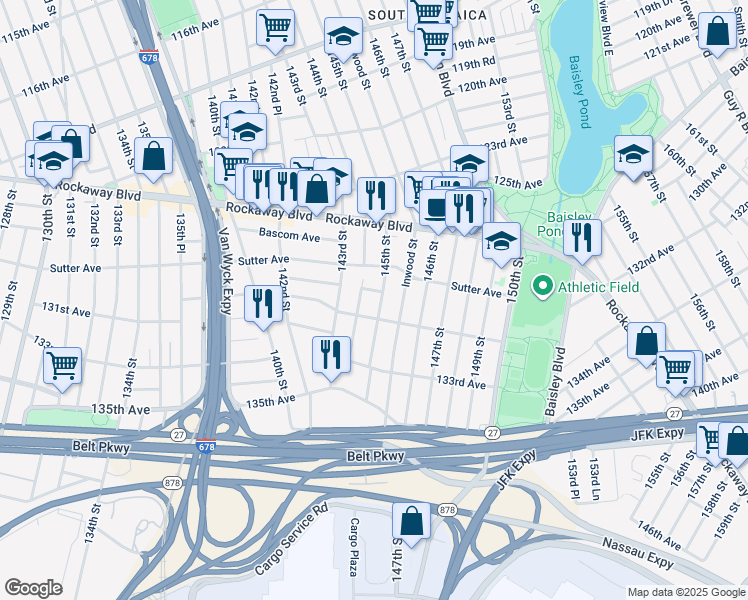 map of restaurants, bars, coffee shops, grocery stores, and more near 129-23 145th Street in Queens