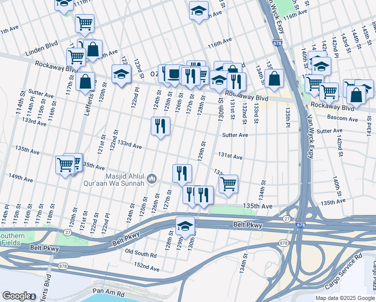map of restaurants, bars, coffee shops, grocery stores, and more near 130-48 129th Street in Queens