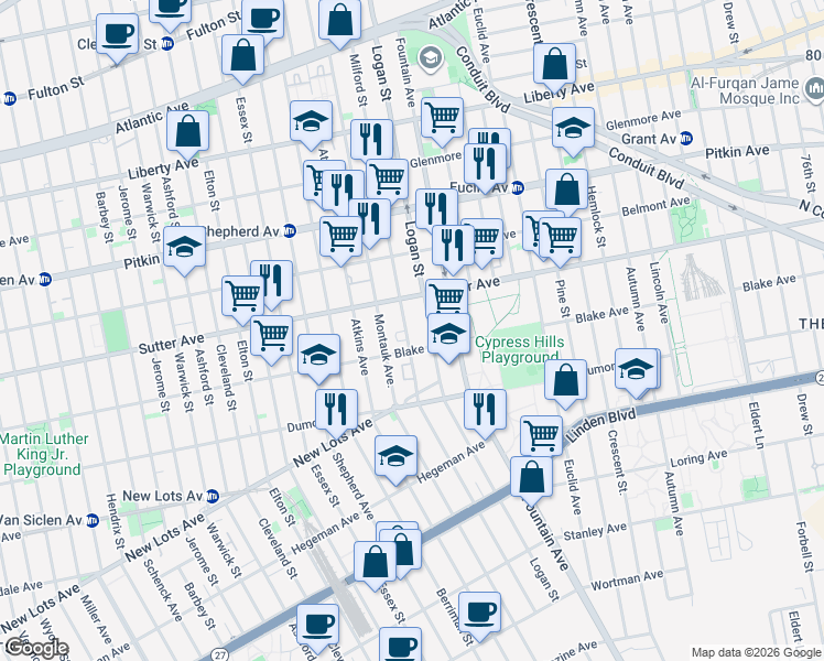 map of restaurants, bars, coffee shops, grocery stores, and more near 332 Milford Street in Brooklyn