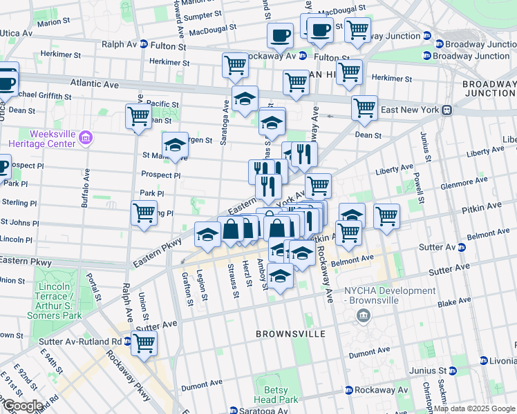 map of restaurants, bars, coffee shops, grocery stores, and more near 1451 East New York Avenue in Brooklyn