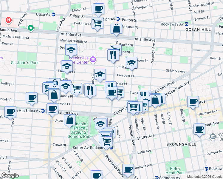 map of restaurants, bars, coffee shops, grocery stores, and more near 1662 Sterling Place in Brooklyn