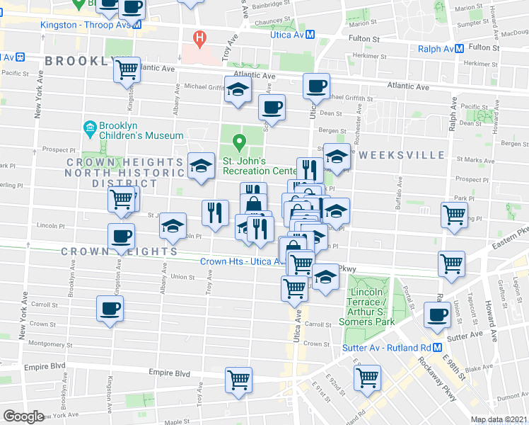 map of restaurants, bars, coffee shops, grocery stores, and more near 231 Schenectady Avenue in Brooklyn