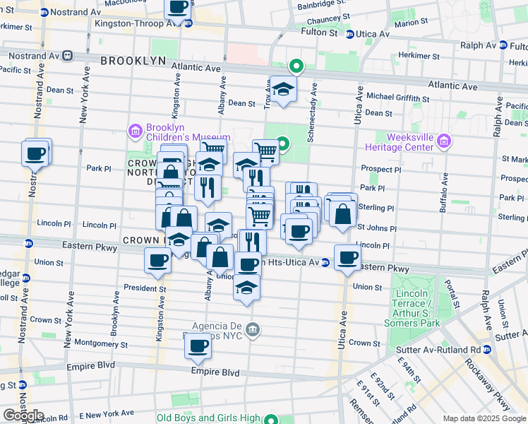map of restaurants, bars, coffee shops, grocery stores, and more near 257 Troy Avenue in Brooklyn