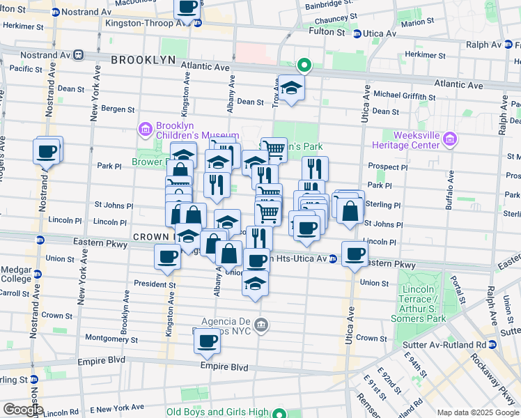 map of restaurants, bars, coffee shops, grocery stores, and more near 257 Troy Avenue in Brooklyn