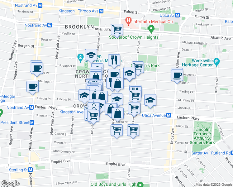 map of restaurants, bars, coffee shops, grocery stores, and more near 1167 Saint Johns Place in Brooklyn