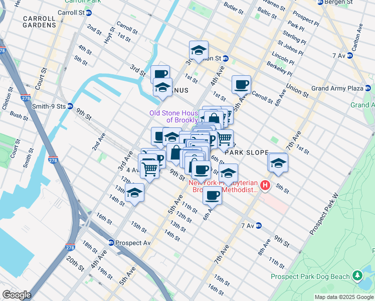 map of restaurants, bars, coffee shops, grocery stores, and more near 307 7th Street in Brooklyn