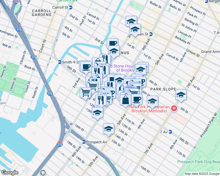map of restaurants, bars, coffee shops, grocery stores, and more near 252 9th Street in Brooklyn