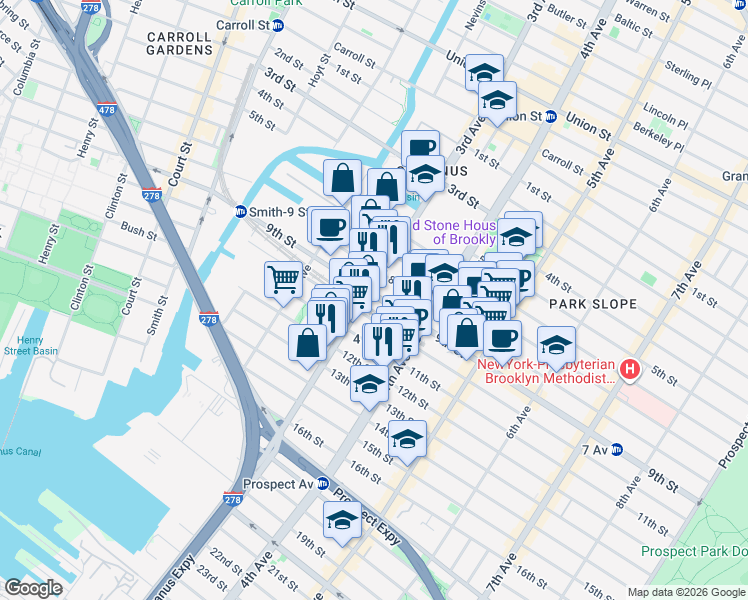 map of restaurants, bars, coffee shops, grocery stores, and more near 208 9th Street in Brooklyn
