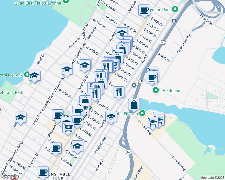 map of restaurants, bars, coffee shops, grocery stores, and more near 29 Willow Street in Bayonne