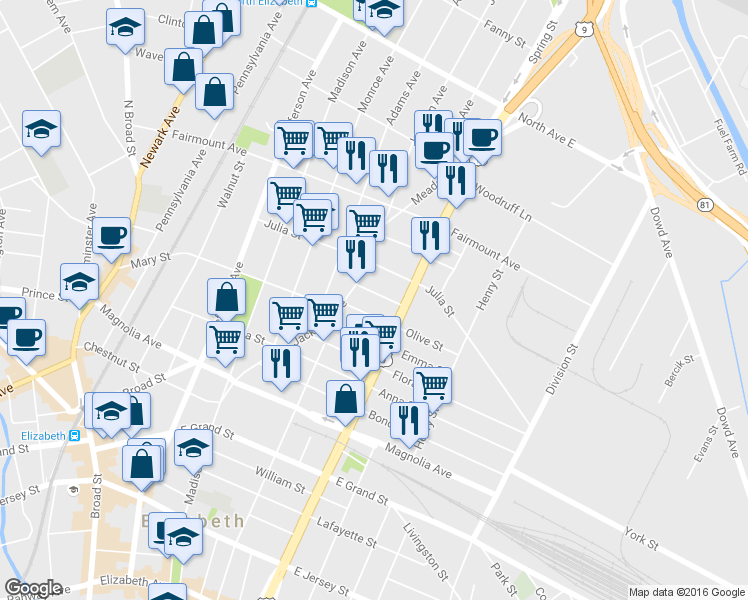map of restaurants, bars, coffee shops, grocery stores, and more near 1035 Olive Street in Elizabeth