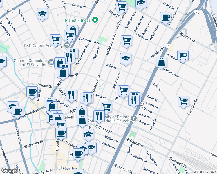 map of restaurants, bars, coffee shops, grocery stores, and more near 467 Madison Avenue in Elizabeth