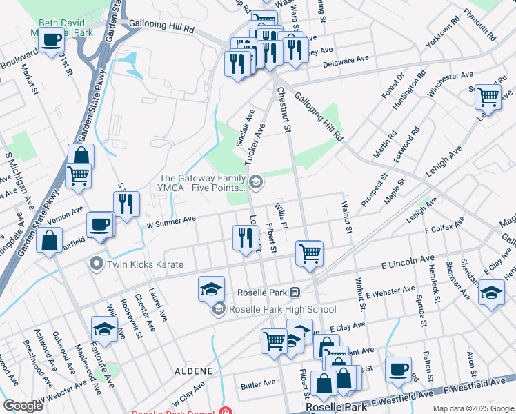 map of restaurants, bars, coffee shops, grocery stores, and more near 832 Locust Street in Roselle Park