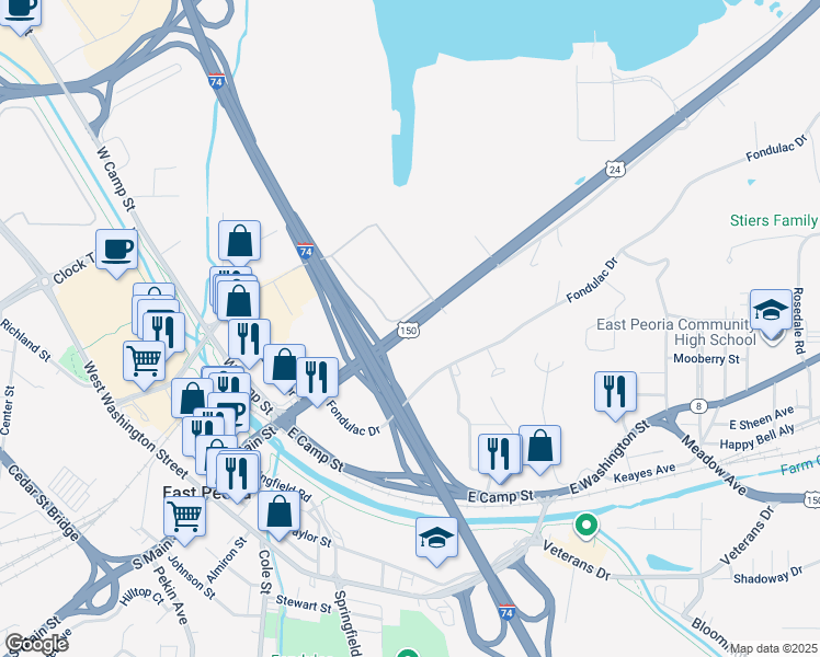 map of restaurants, bars, coffee shops, grocery stores, and more near 289 Fondulac Drive in East Peoria