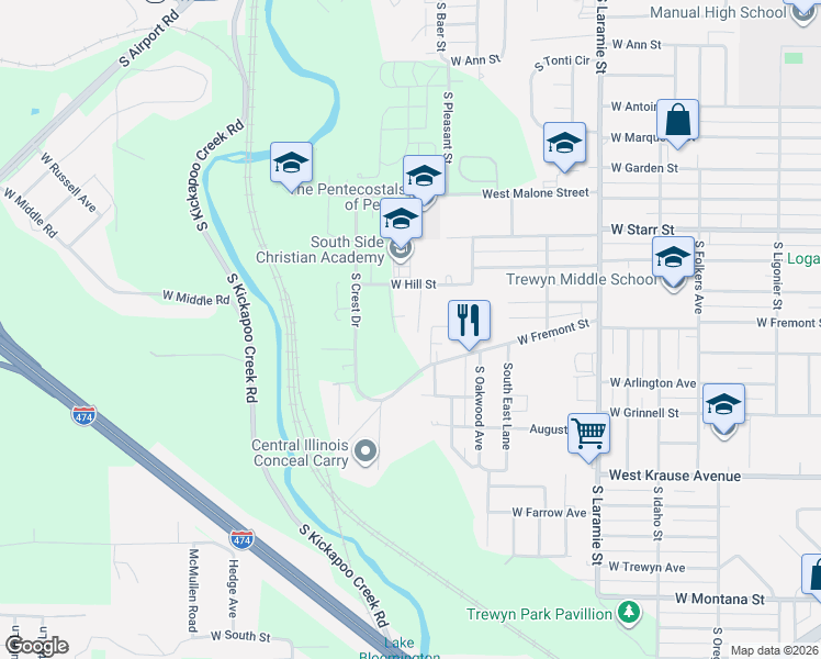map of restaurants, bars, coffee shops, grocery stores, and more near 1512 South Sarah Street in Peoria