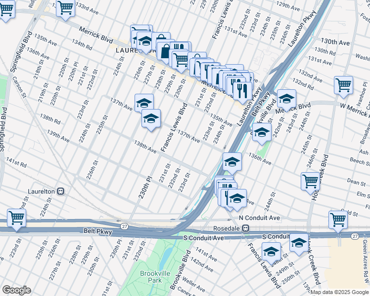 map of restaurants, bars, coffee shops, grocery stores, and more near 137-26 232nd Street in Queens