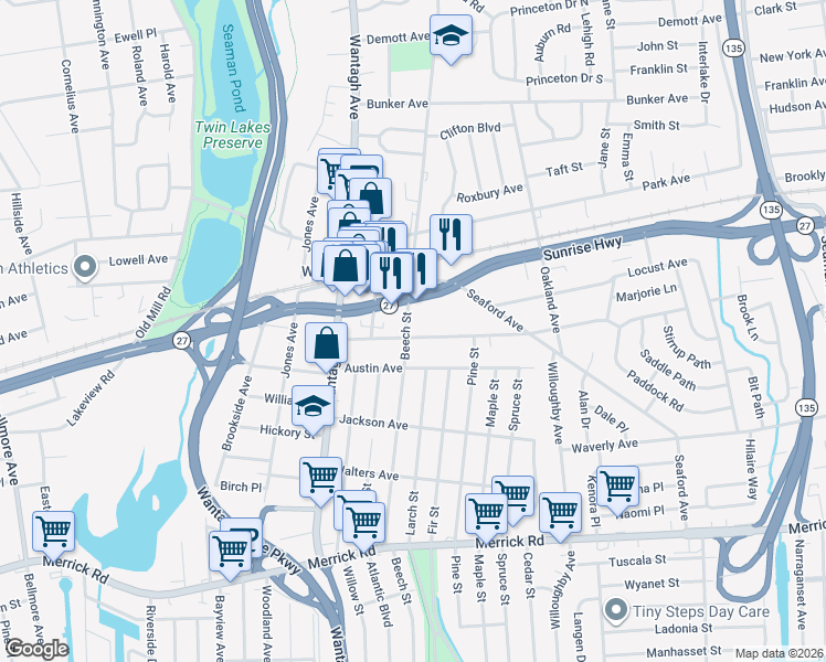 map of restaurants, bars, coffee shops, grocery stores, and more near 3301 Woodward Avenue in Wantagh
