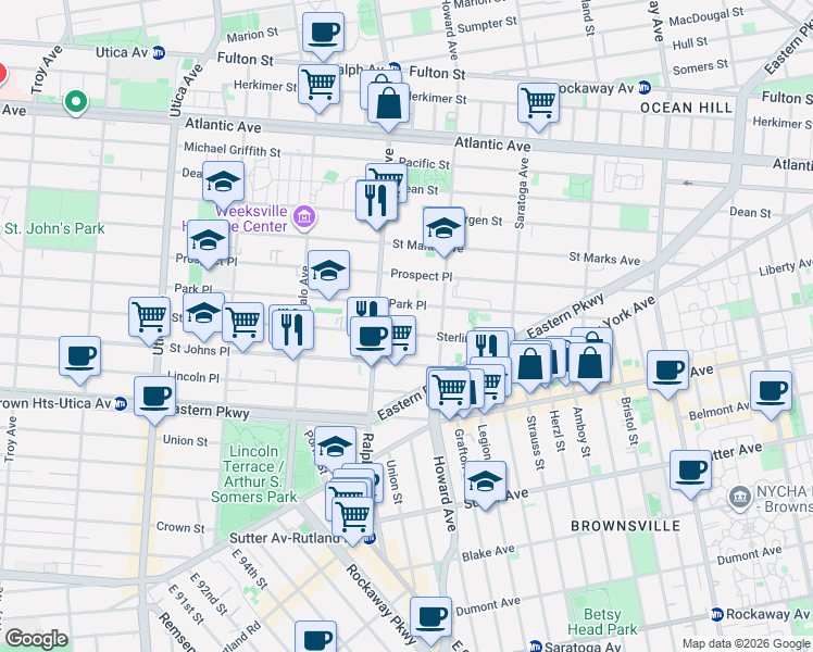 map of restaurants, bars, coffee shops, grocery stores, and more near 1737 Sterling Place in Brooklyn