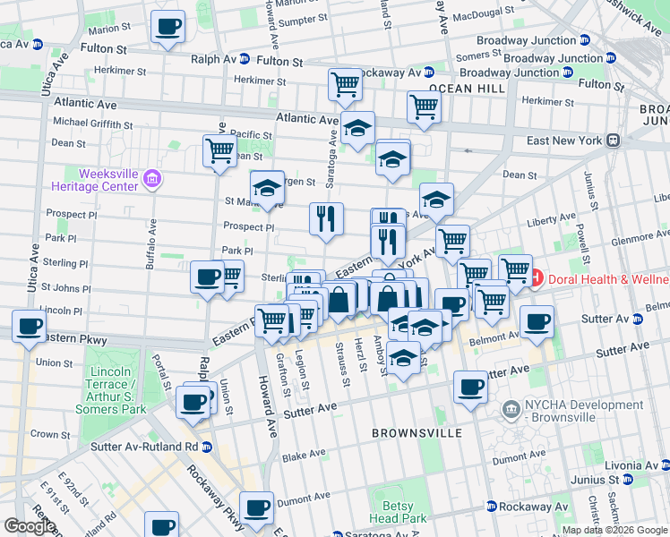 map of restaurants, bars, coffee shops, grocery stores, and more near in Brooklyn