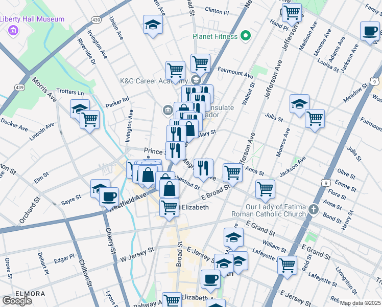 map of restaurants, bars, coffee shops, grocery stores, and more near 400 Trinity Place in Elizabeth