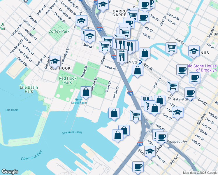map of restaurants, bars, coffee shops, grocery stores, and more near 611 Court Street in Brooklyn