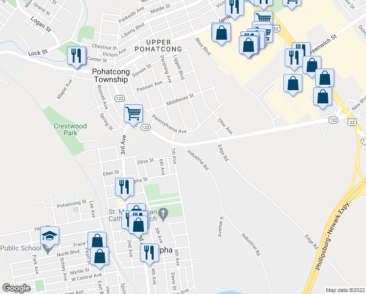 map of restaurants, bars, coffee shops, grocery stores, and more near 888 New Brunswick Avenue in Phillipsburg