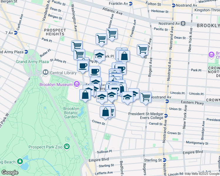 map of restaurants, bars, coffee shops, grocery stores, and more near 307 Eastern Parkway in Brooklyn