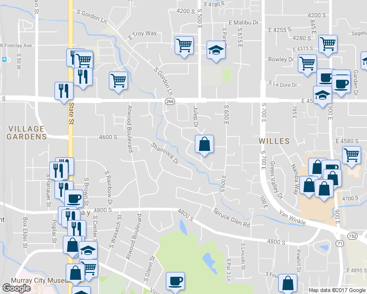 map of restaurants, bars, coffee shops, grocery stores, and more near 4600 S Creekview Cir in Salt Lake City
