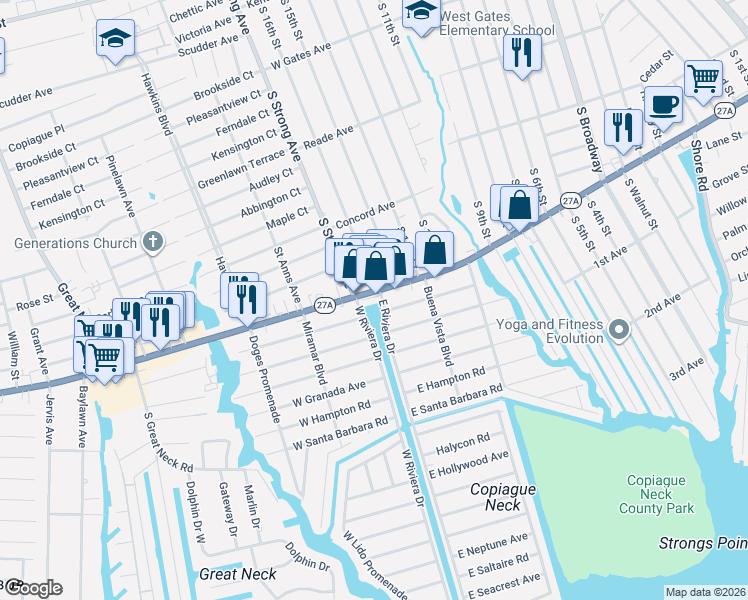 map of restaurants, bars, coffee shops, grocery stores, and more near 705 West Montauk Highway in Copiague