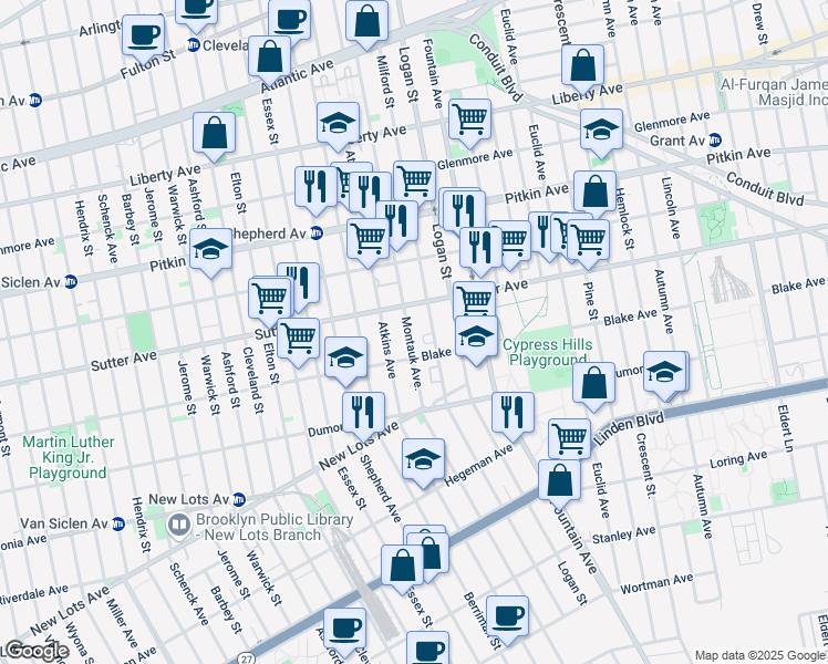 map of restaurants, bars, coffee shops, grocery stores, and more near 303 Montauk Avenue in Brooklyn