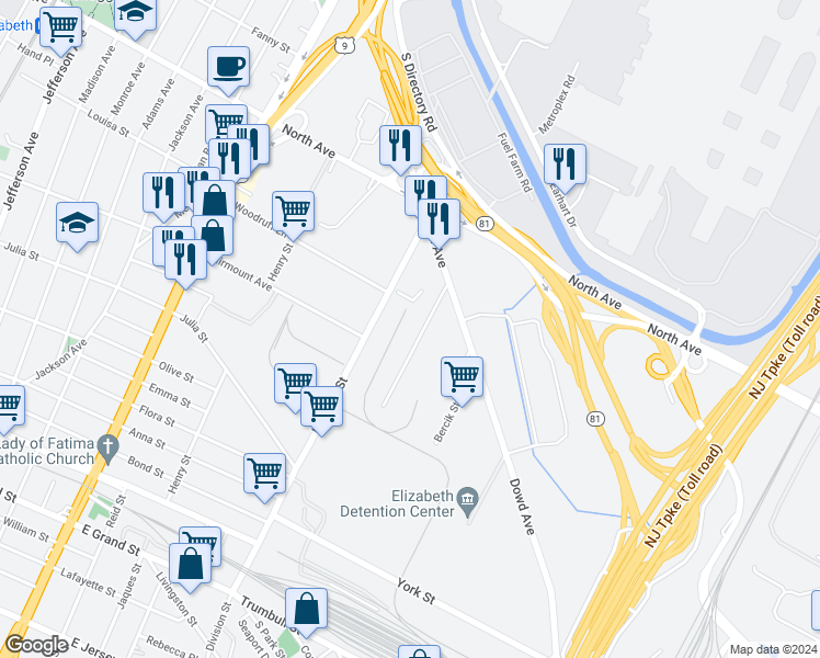 map of restaurants, bars, coffee shops, grocery stores, and more near 614 Progress Street in Elizabeth