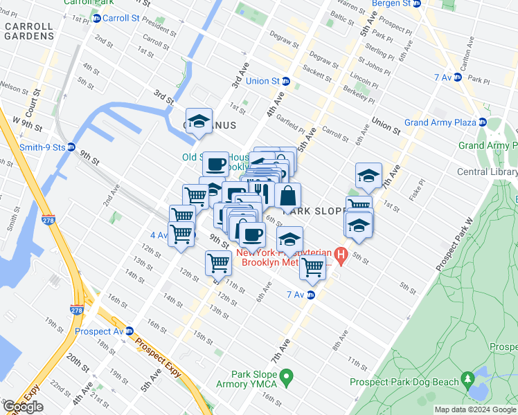 map of restaurants, bars, coffee shops, grocery stores, and more near 382 5th Avenue in Brooklyn