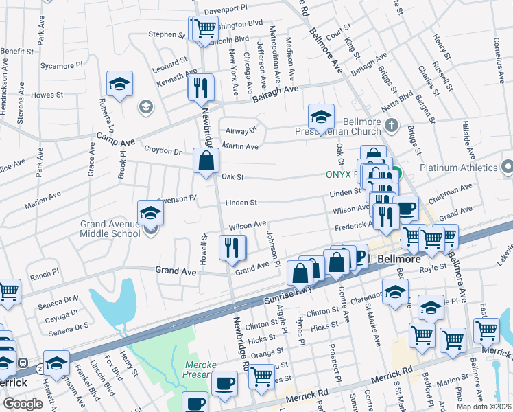 map of restaurants, bars, coffee shops, grocery stores, and more near 411 Linden Street in Bellmore