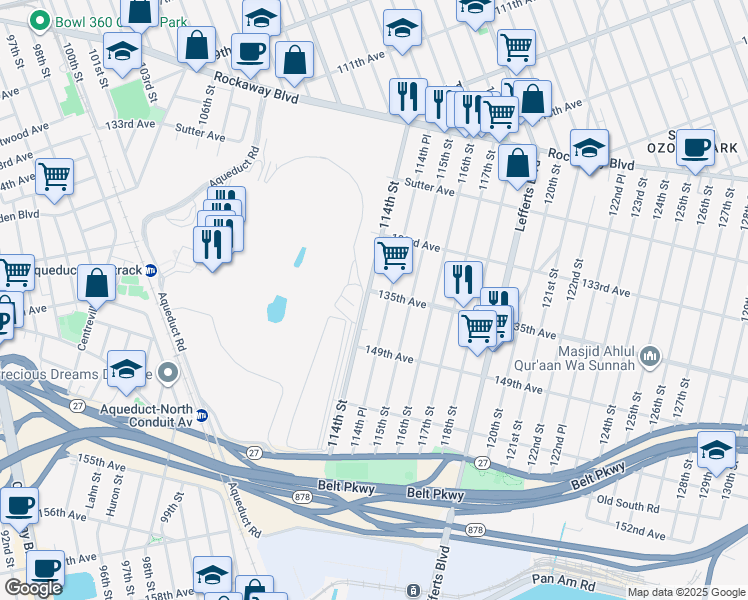 map of restaurants, bars, coffee shops, grocery stores, and more near 114-06 135th Avenue in Queens